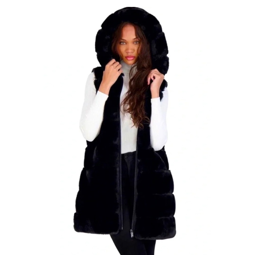 Via Spiga Navy Blue Faux Fur Hooded Vest Chevron Quilted Sleeveless Jacket Small